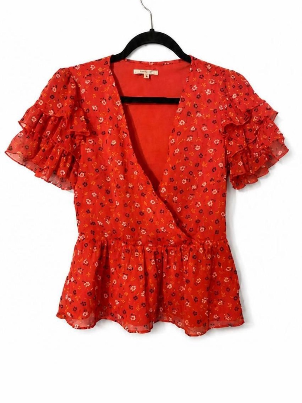 Madewell Red Floral Ruffle Wrap Blouse